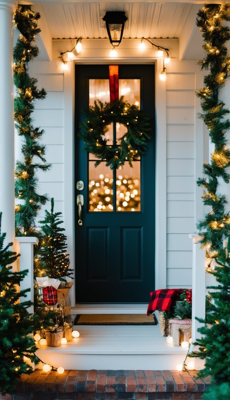 A small porch adorned with a pine garland and twinkling lights, creating a cozy and festive Christmas atmosphere