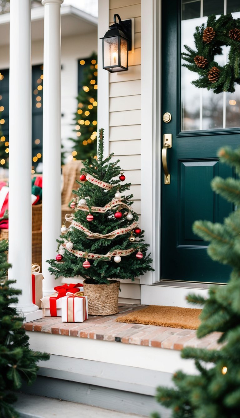 A small porch adorned with a mini Christmas tree and cozy decorations for the holiday season