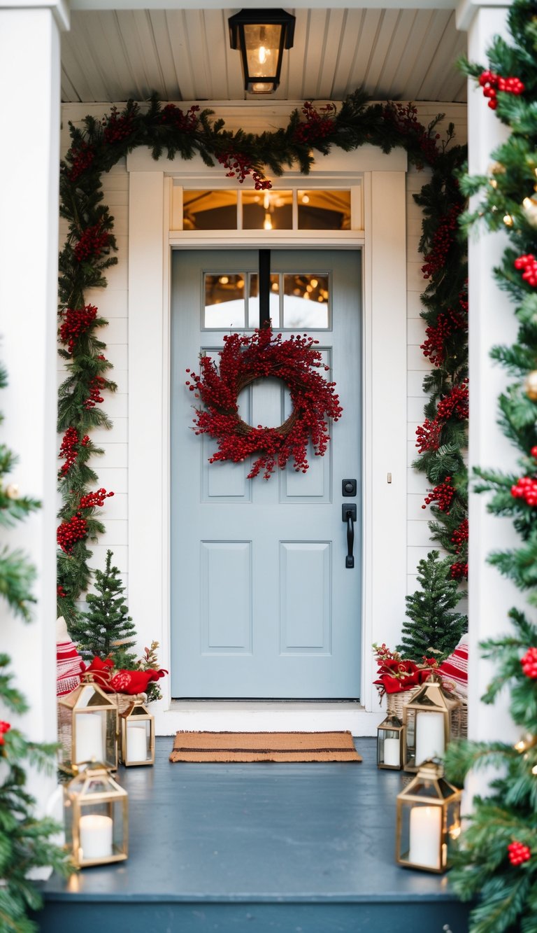 A small porch with a simple wreath adorned with red berries hanging on the door, surrounded by cozy Christmas decorations