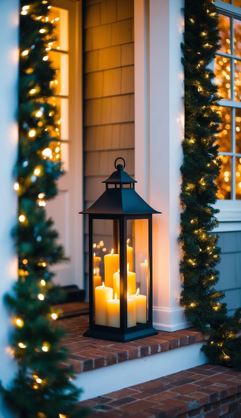 A small porch adorned with a lantern filled with lit candles, creating a warm and cozy ambiance for Christmas