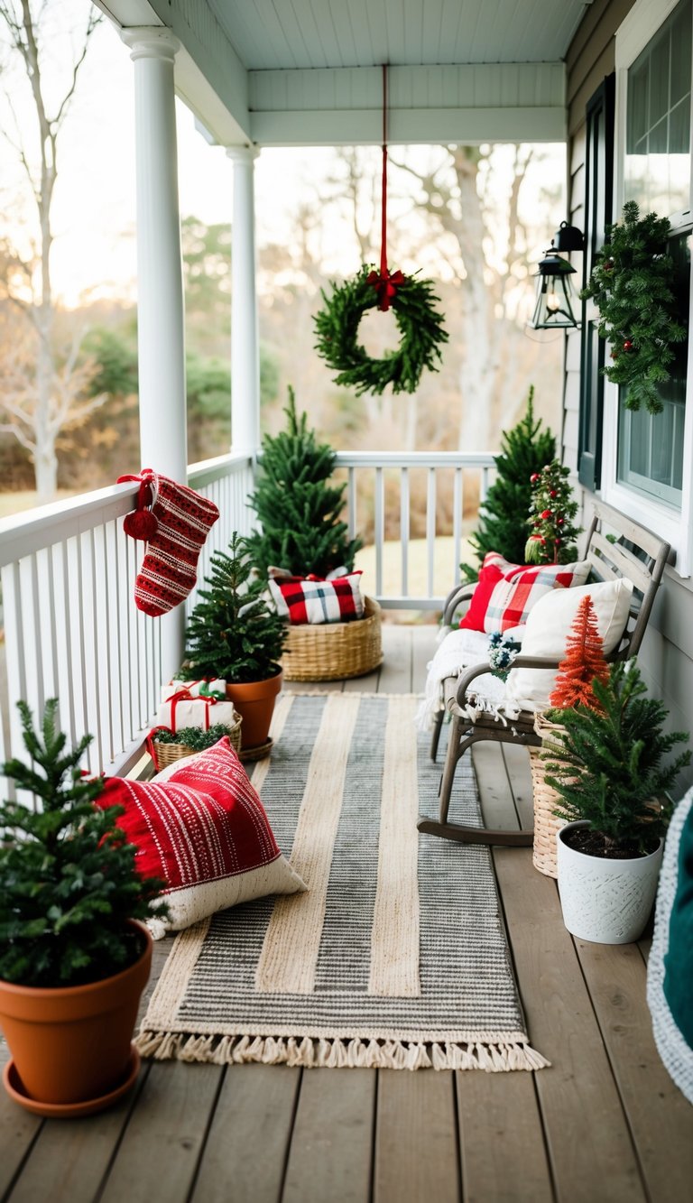 A small porch adorned with outdoor rugs, potted plants, and Christmas decorations. A cozy and inviting space for the holiday season