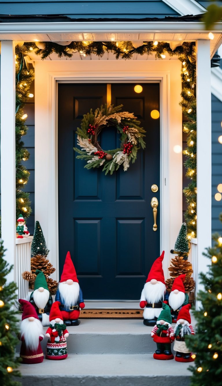 A small porch adorned with Christmas gnomes, twinkling lights, and cozy decorations