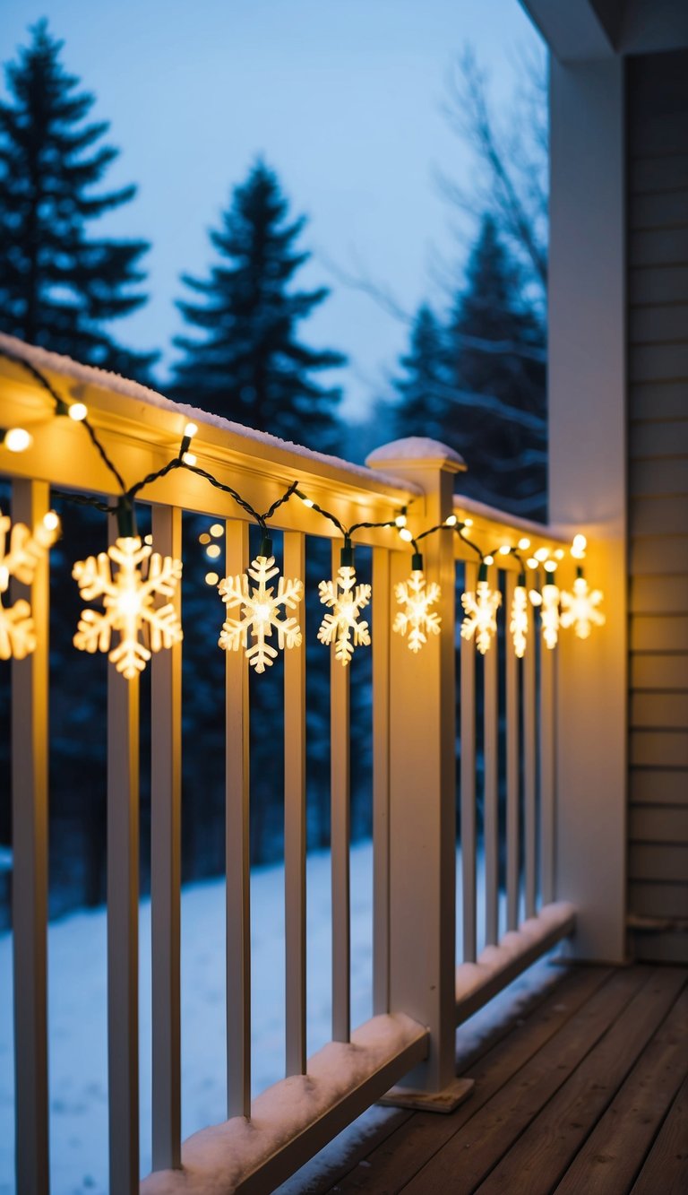 Snowflake string lights drape along the railing of a small porch, casting a warm and cozy glow in the wintry evening