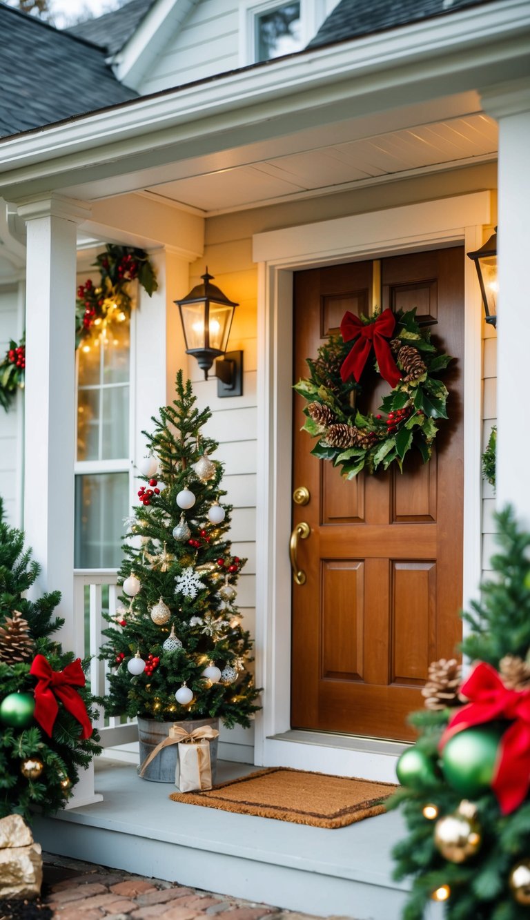 A small porch adorned with holly leaf accents and cozy Christmas decorations, creating a warm and inviting atmosphere