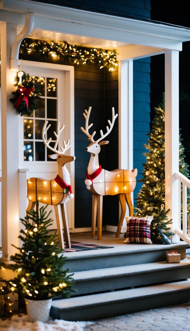 A small porch adorned with wooden reindeer, twinkling lights, and cozy decor for Christmas