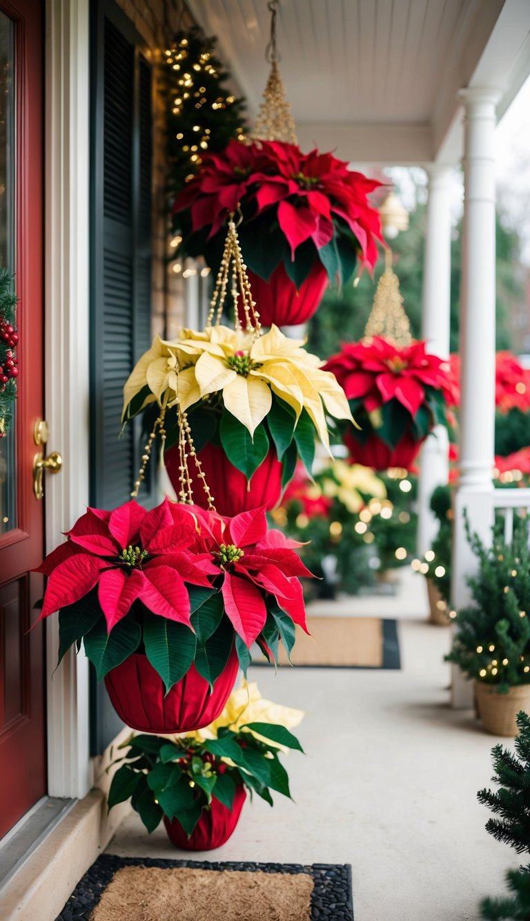 Colorful poinsettias in hanging baskets adorn a small porch, adding a festive touch to the cozy space for Christmas