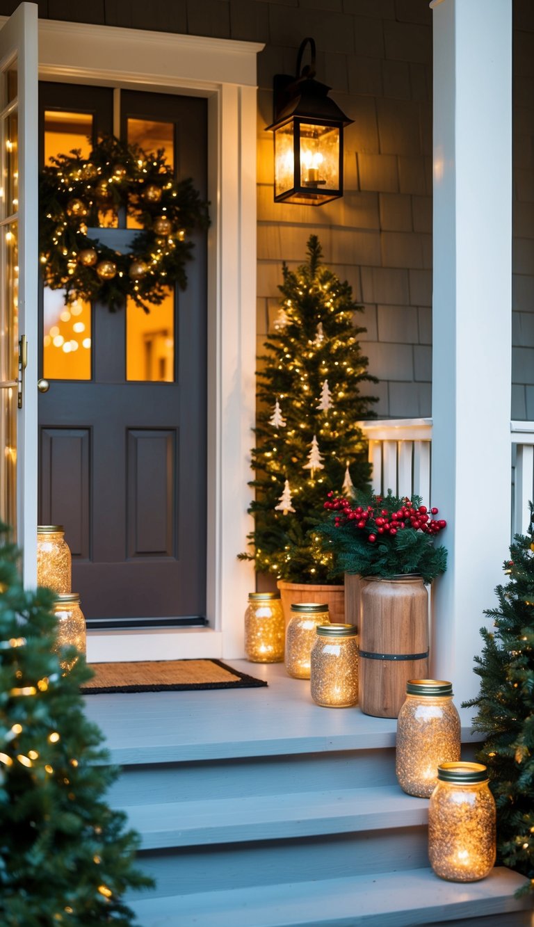 A small porch adorned with festive mason jar lanterns, casting a warm and cozy glow for Christmas