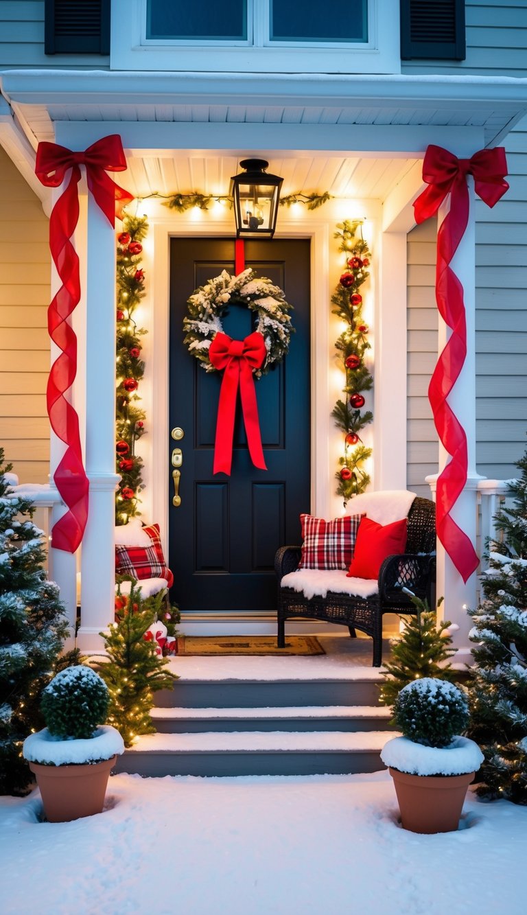 A small porch adorned with red ribbons, twinkling lights, and a cozy seating area, surrounded by snow-covered potted plants and a festive wreath on the door