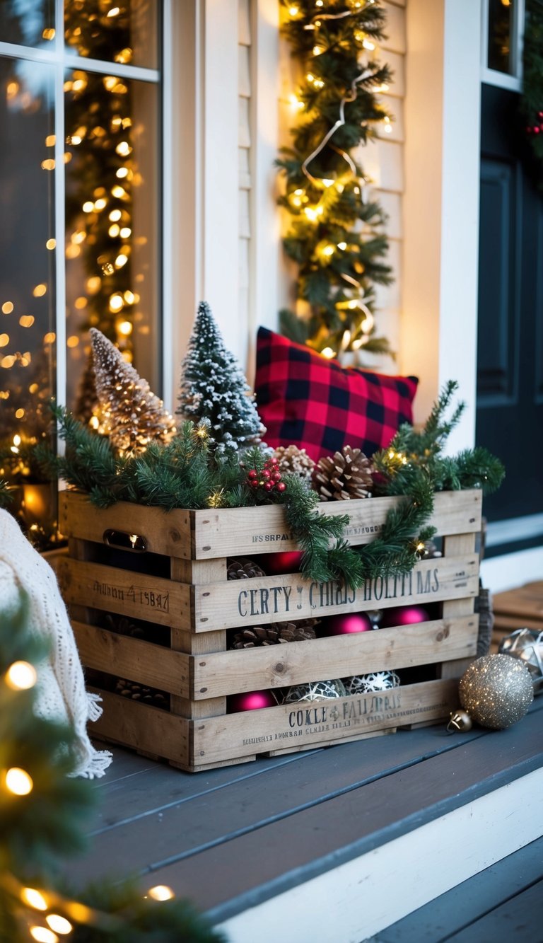 A rustic wooden crate filled with festive decorations sits on a small porch, surrounded by twinkling lights and cozy holiday accents