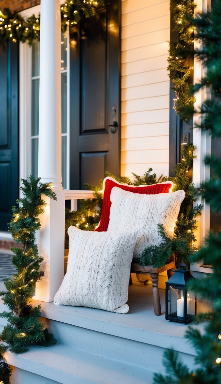 A small porch adorned with warm knit pillows, twinkling lights, and festive greenery, creating a cozy and inviting Christmas atmosphere