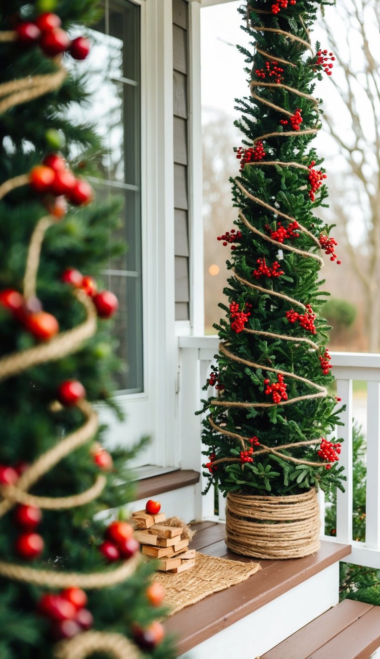 A small porch adorned with berry-wrapped twine, cozy and festive for Christmas