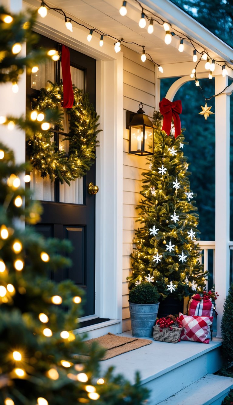 A small porch adorned with twinkling star lights, festive wreaths, and cozy decor for Christmas