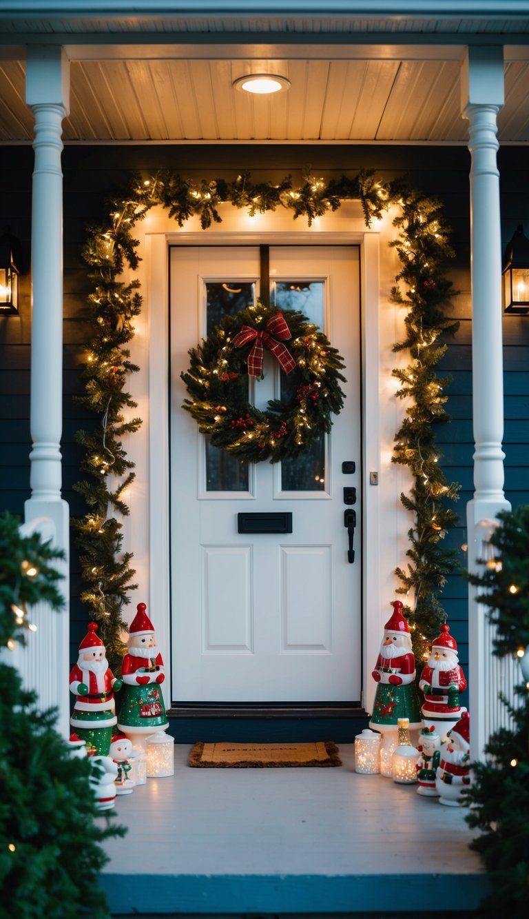 A small porch adorned with ceramic figurines, twinkling lights, and a cozy Christmas wreath hanging on the door