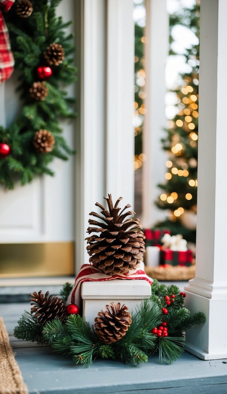 A small porch adorned with a simple pinecone centerpiece, surrounded by cozy Christmas decorations