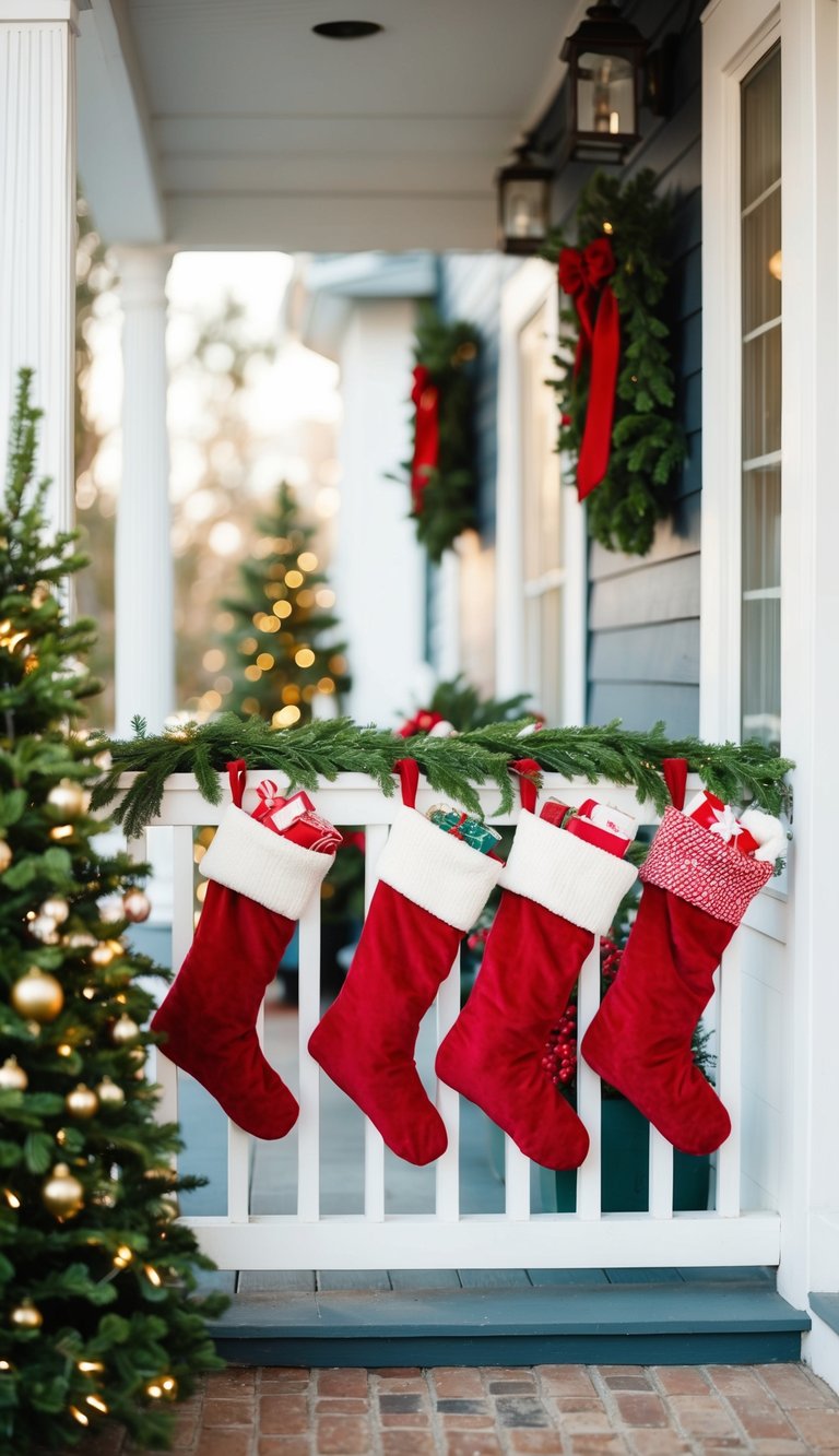 A small porch decorated for Christmas with stockings hung on the railing