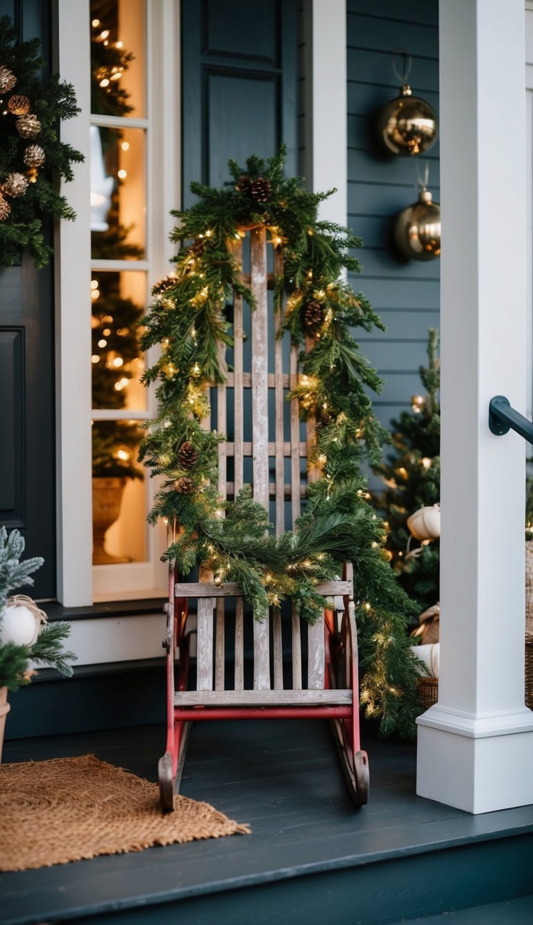 A vintage sled adorned with festive greenery and twinkling lights sits on a small porch, surrounded by cozy holiday decor