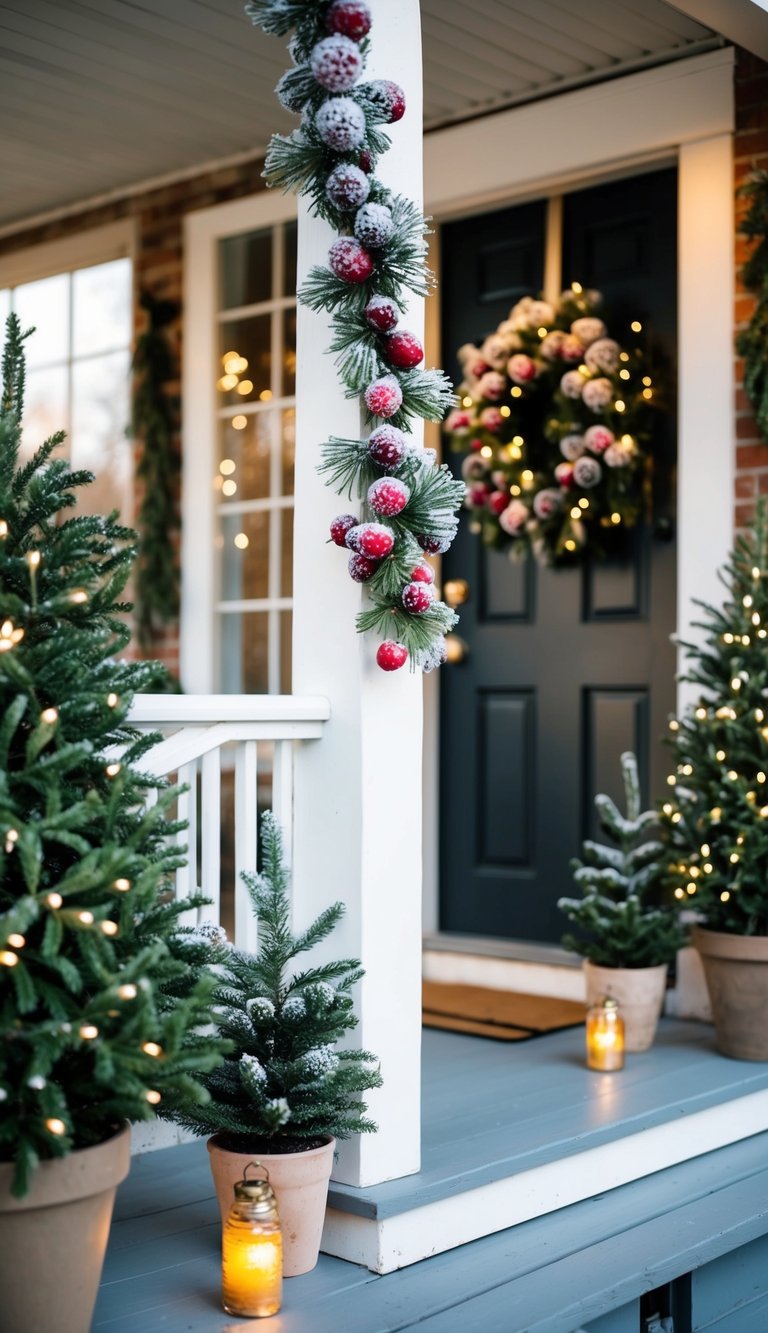 A small porch adorned with frosted cranberries hanging from a garland, surrounded by twinkling lights and potted evergreen trees