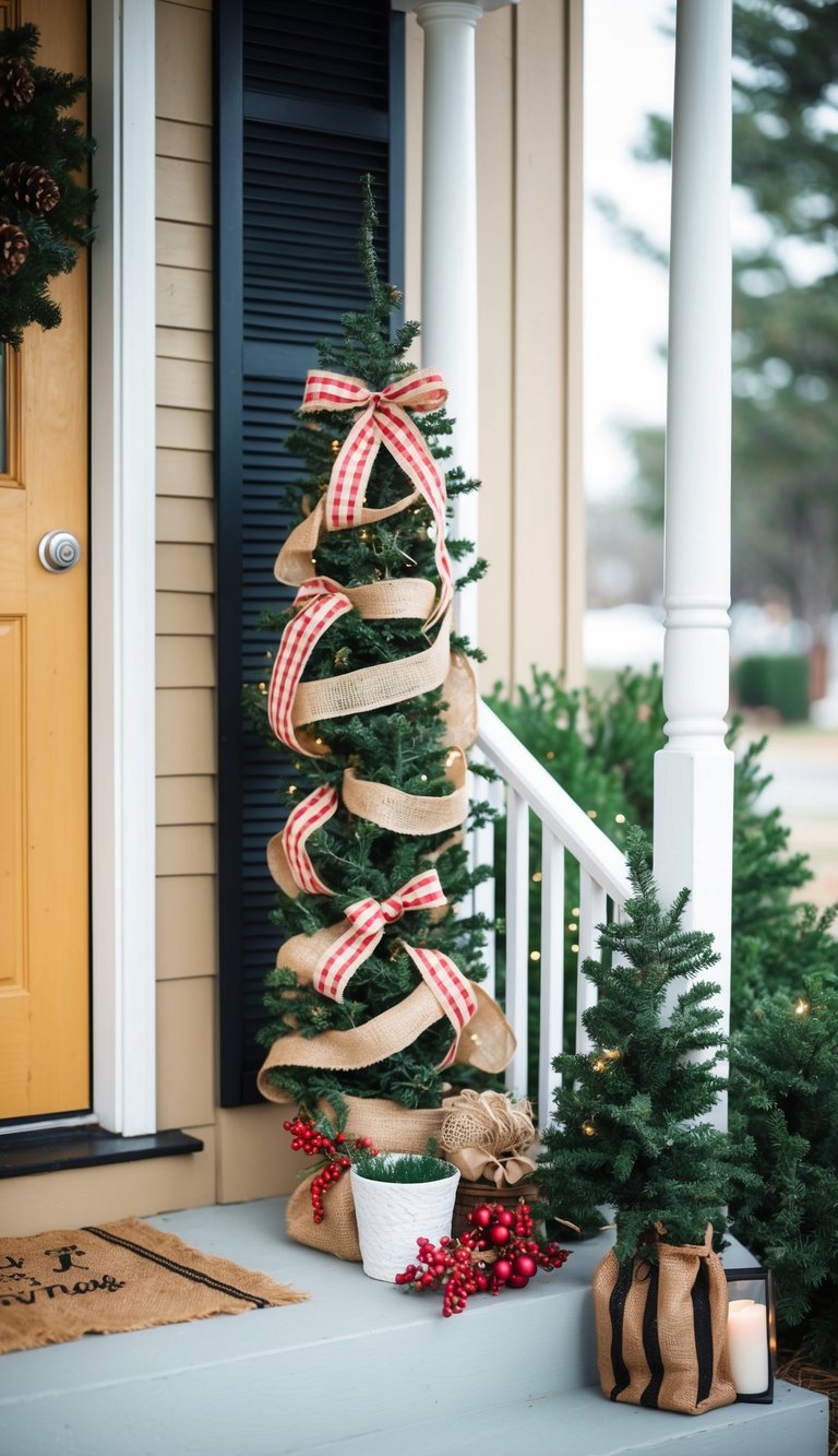 A small porch adorned with burlap ribbon decorations in a cozy and simple Christmas theme