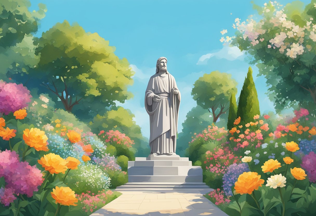 Un jardín pacífico con una estatua de San Judas Tadeo rodeada de flores coloridas y un cielo azul claro.