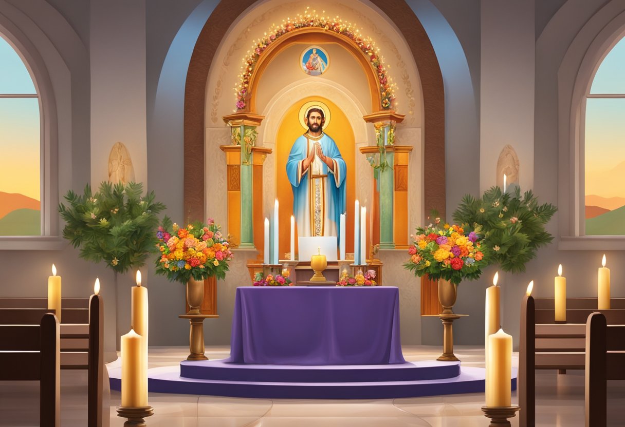 Un altar colorido para San Judas Tadeo, adornado con velas, flores y símbolos religiosos, se encuentra en una capilla pacífica.