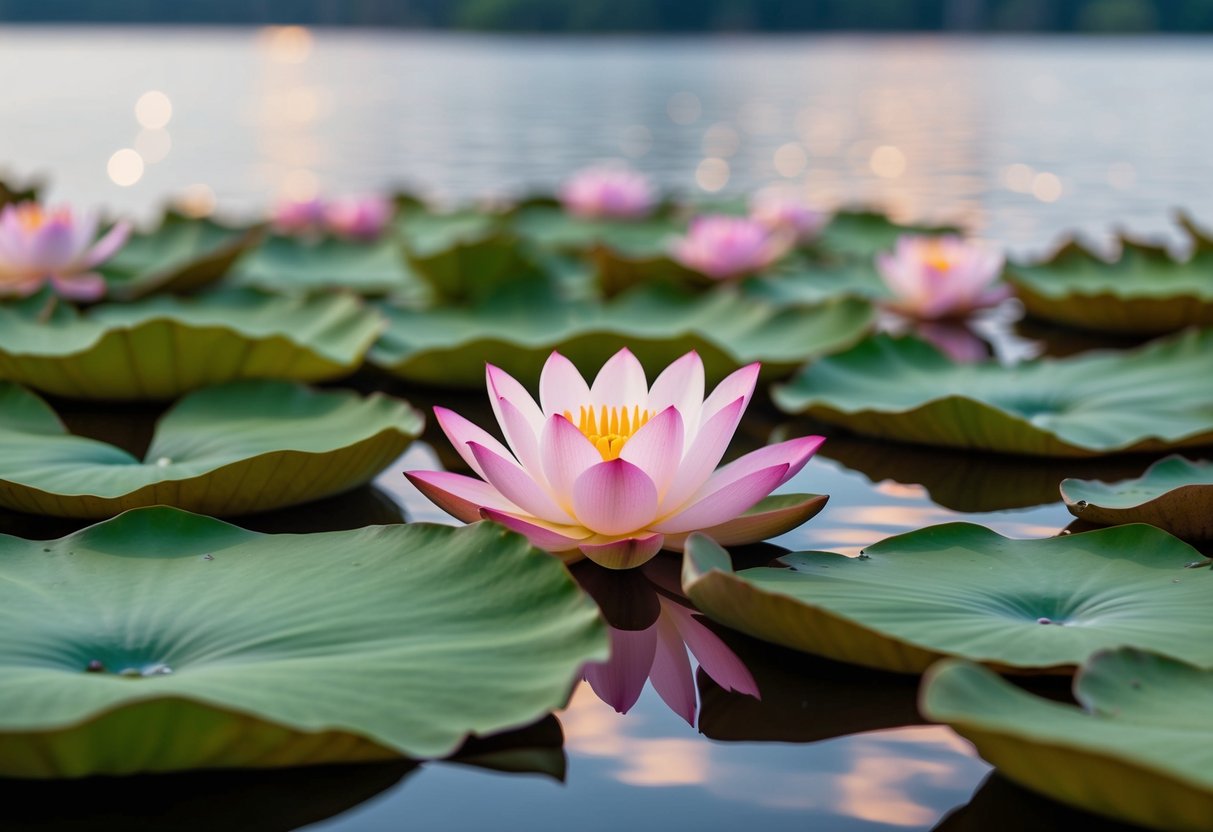 Uma flor de lótus serena em plena floração, posicionada no centro de um lago tranquilo