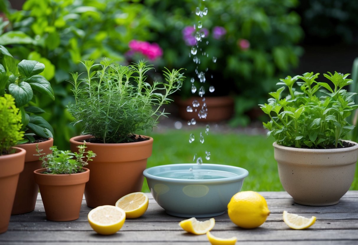 Um pequeno jardim com vasos de ervas e plantas, uma tigela cheia de água e algumas cascas de limão espalhadas para afastar os sapos.