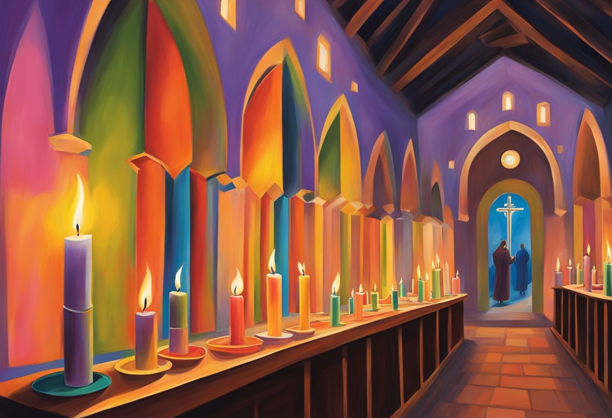 Las velas coloridas parpadean en la tenue luz de la capilla, iluminando las vibrantes pinturas de San Judas Tadeo que adornan las paredes. El aire está impregnado con el aroma del incienso quemado, creando una atmósfera serena y reverente.