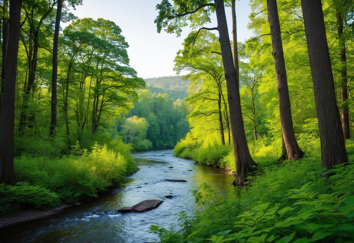 Uma clareira serena na floresta com folhagem verde vibrante e um rio sinuoso, cercada por árvores altas e uma atmosfera pacífica.