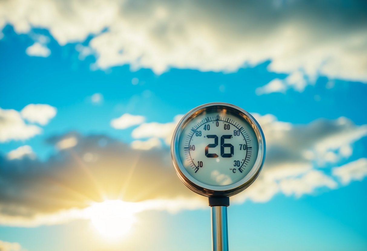 Um termômetro exibindo 26 graus com um fundo de um dia ensolarado e céus azuis claros