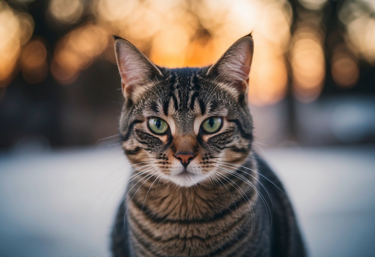 Um gato olha intensamente para o espectador, mas permanece em silêncio.