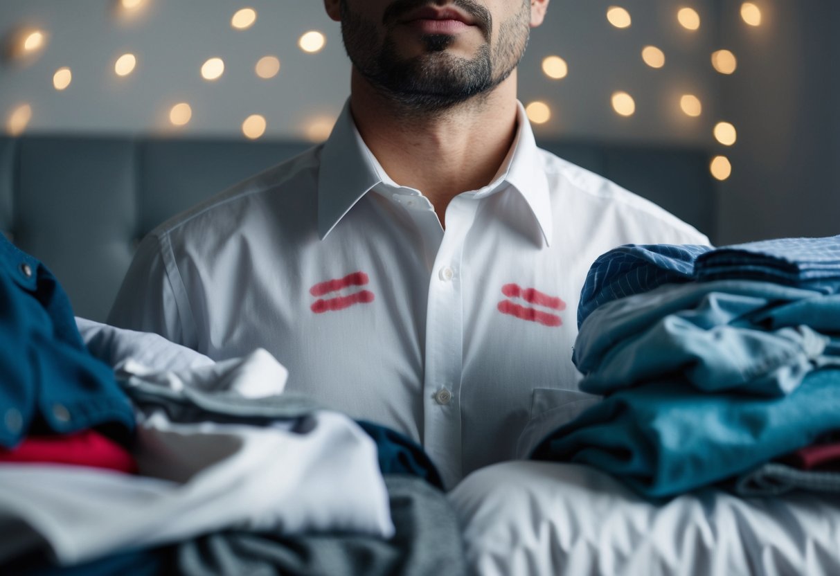 O colarinho de uma camisa de homem com marcas vermelhas visíveis, cercado por roupas espalhadas e uma cama desfeita