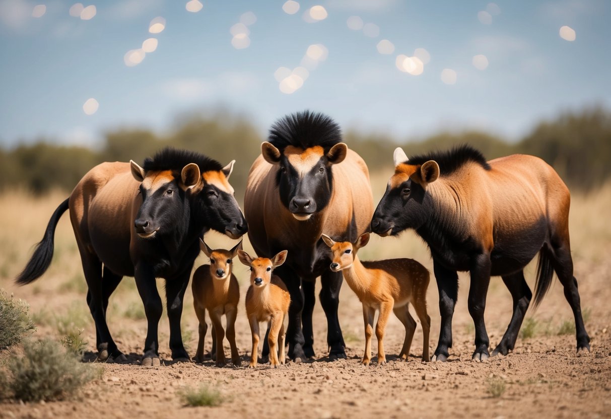 Um grupo de animais machos cercado por seus filhotes em um ambiente natural