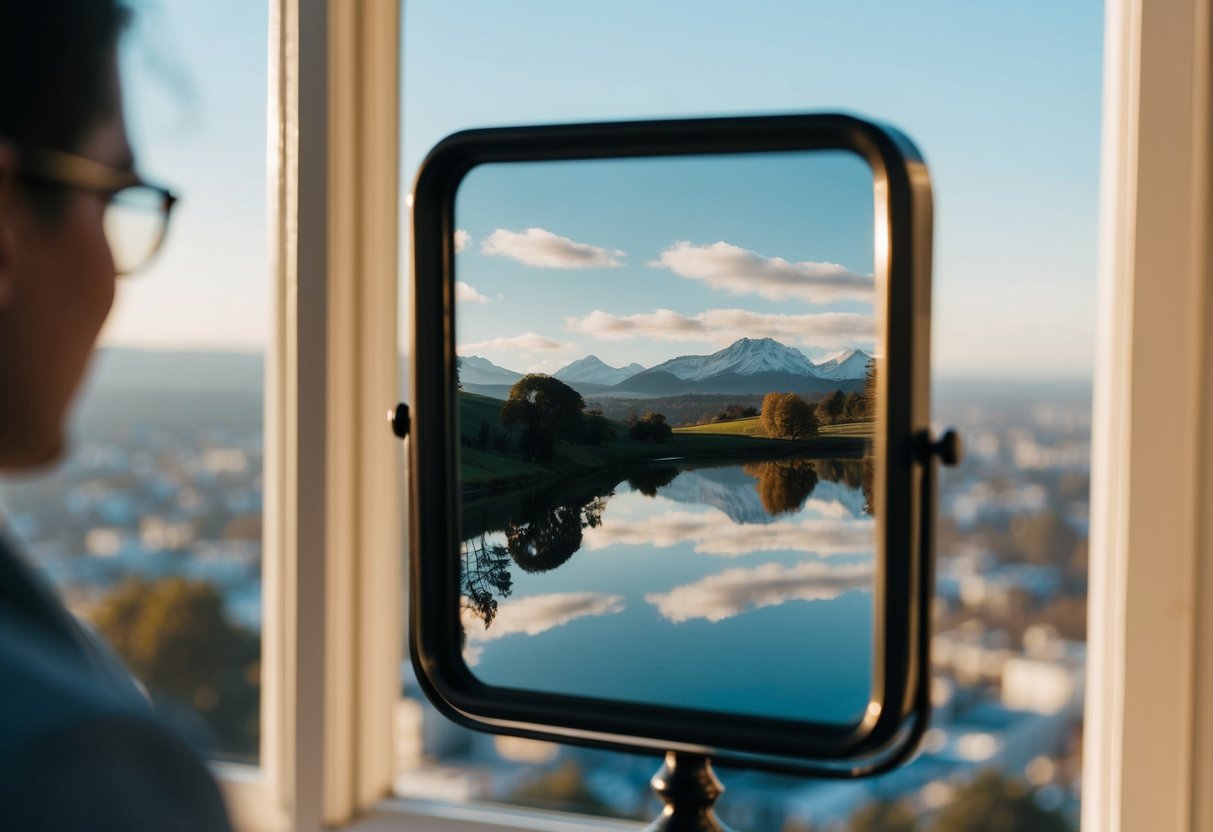 Um espelho refletindo uma variedade de objetos e paisagens, capturando a maneira como as pessoas se veem.