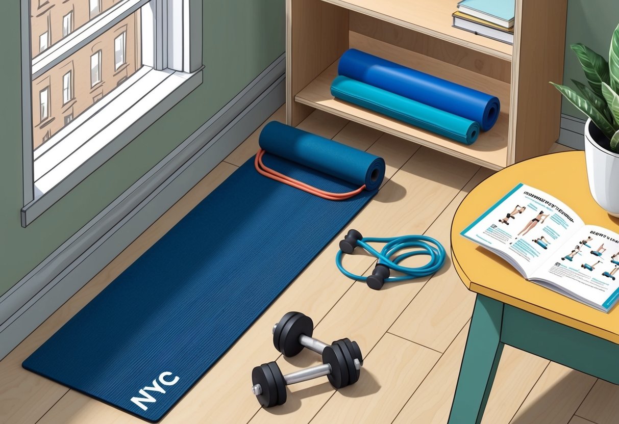 A compact NYC apartment with a yoga mat, resistance bands, and dumbbells tucked in a corner. A small space workout guide lies open on a nearby table