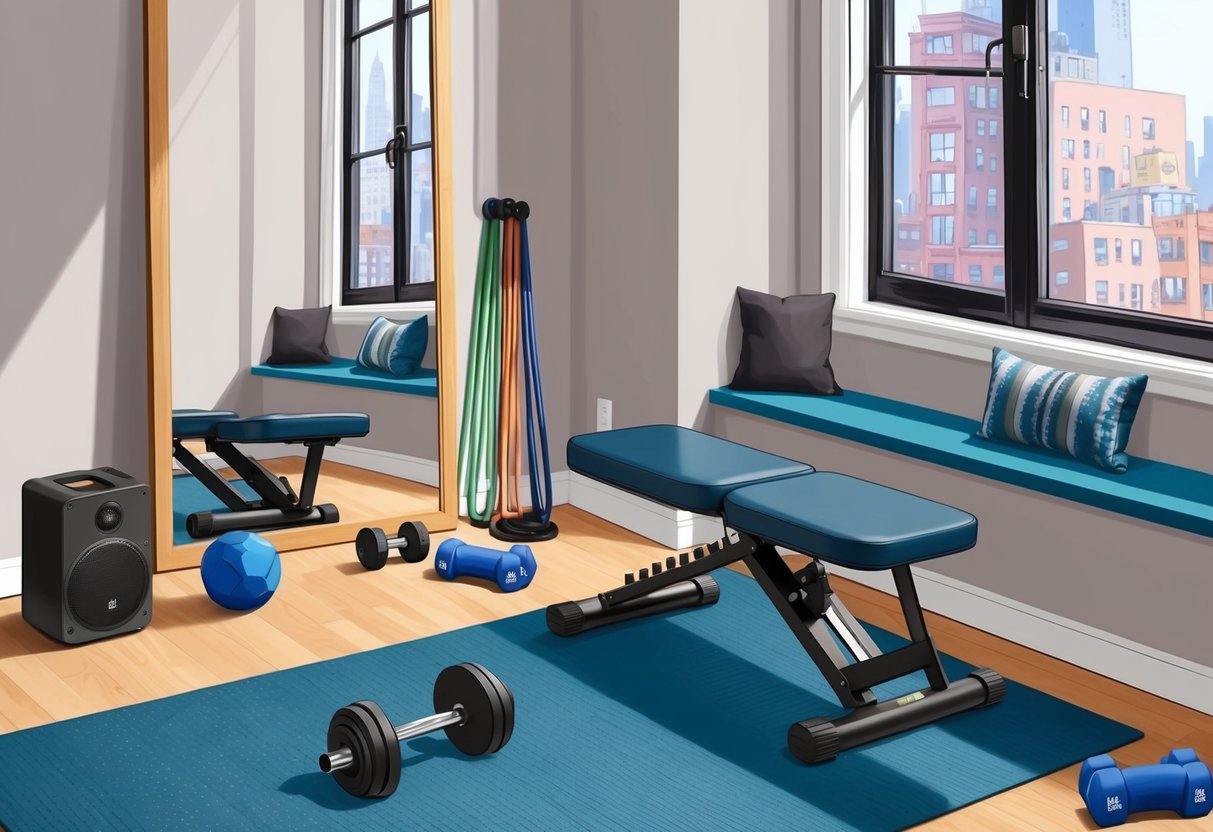 A cozy NYC apartment gym with a yoga mat, resistance bands, dumbbells, and a foldable workout bench tucked into a corner. A large mirror reflects the space, and a small speaker plays upbeat music
