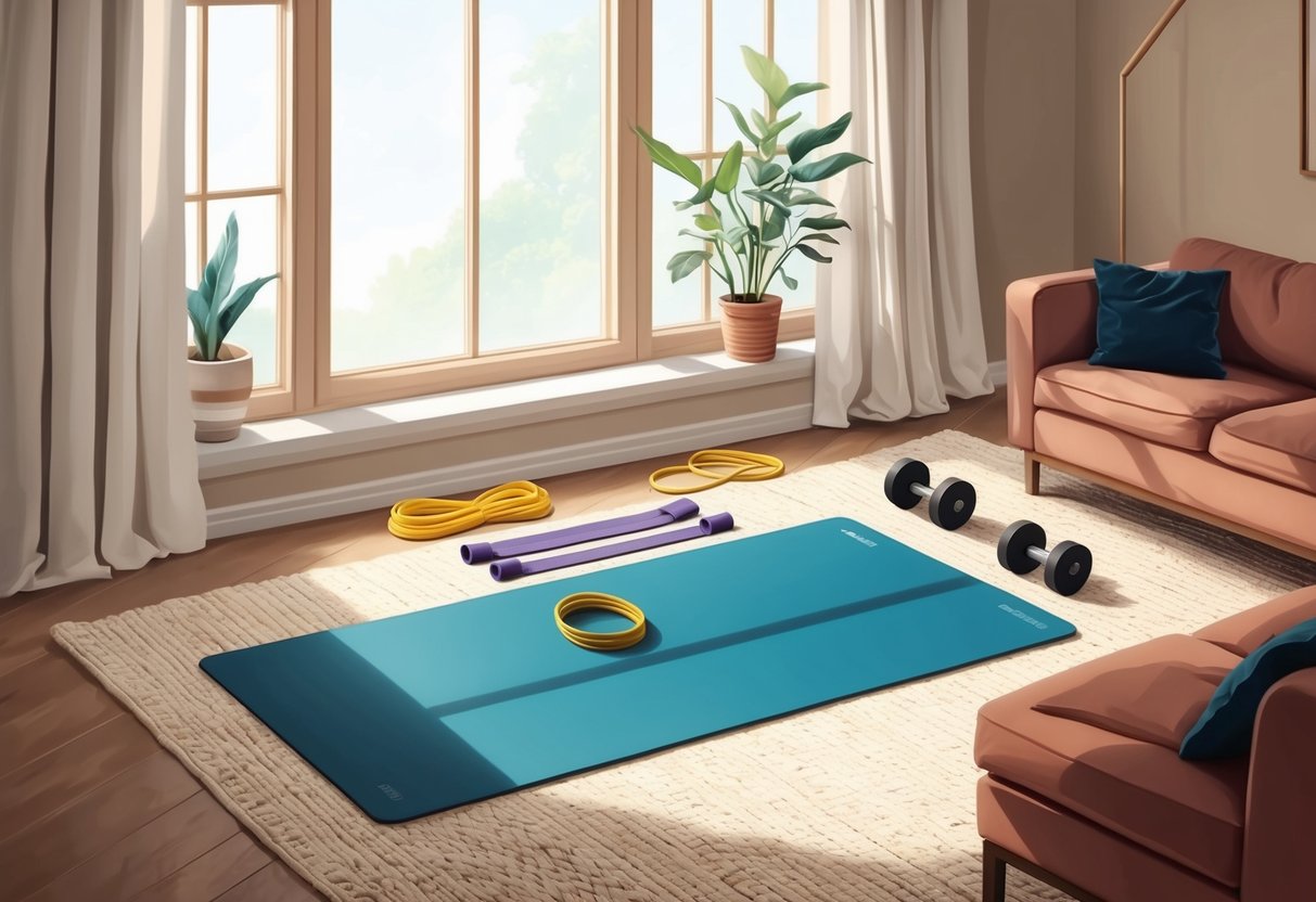 A cozy living room with a yoga mat, resistance bands, and dumbbells neatly arranged in a corner. A large window lets in natural light, illuminating the space