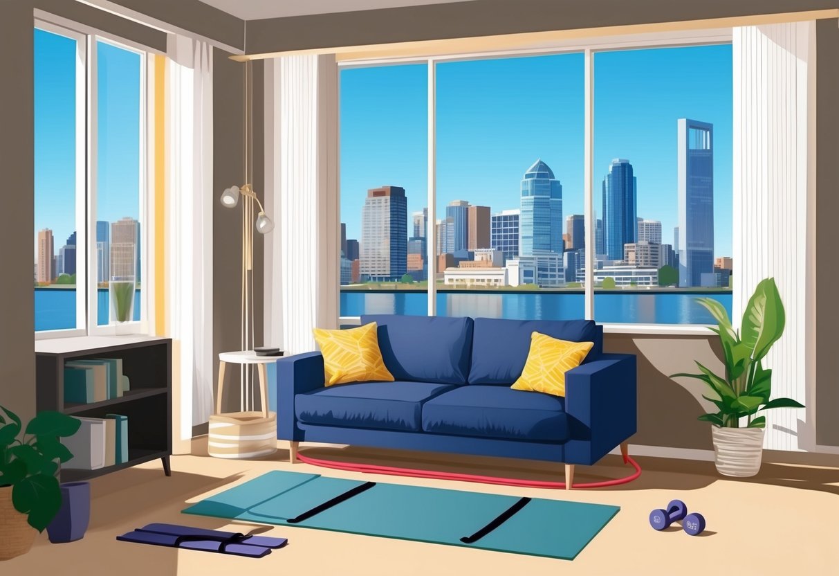 A compact living room with a yoga mat, resistance bands, and small weights. A large window overlooks the city skyline