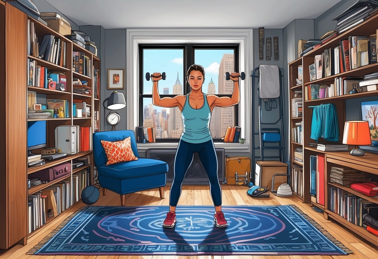 A small, cluttered New York City apartment with a person working out in a confined space, using creative and efficient workout techniques
