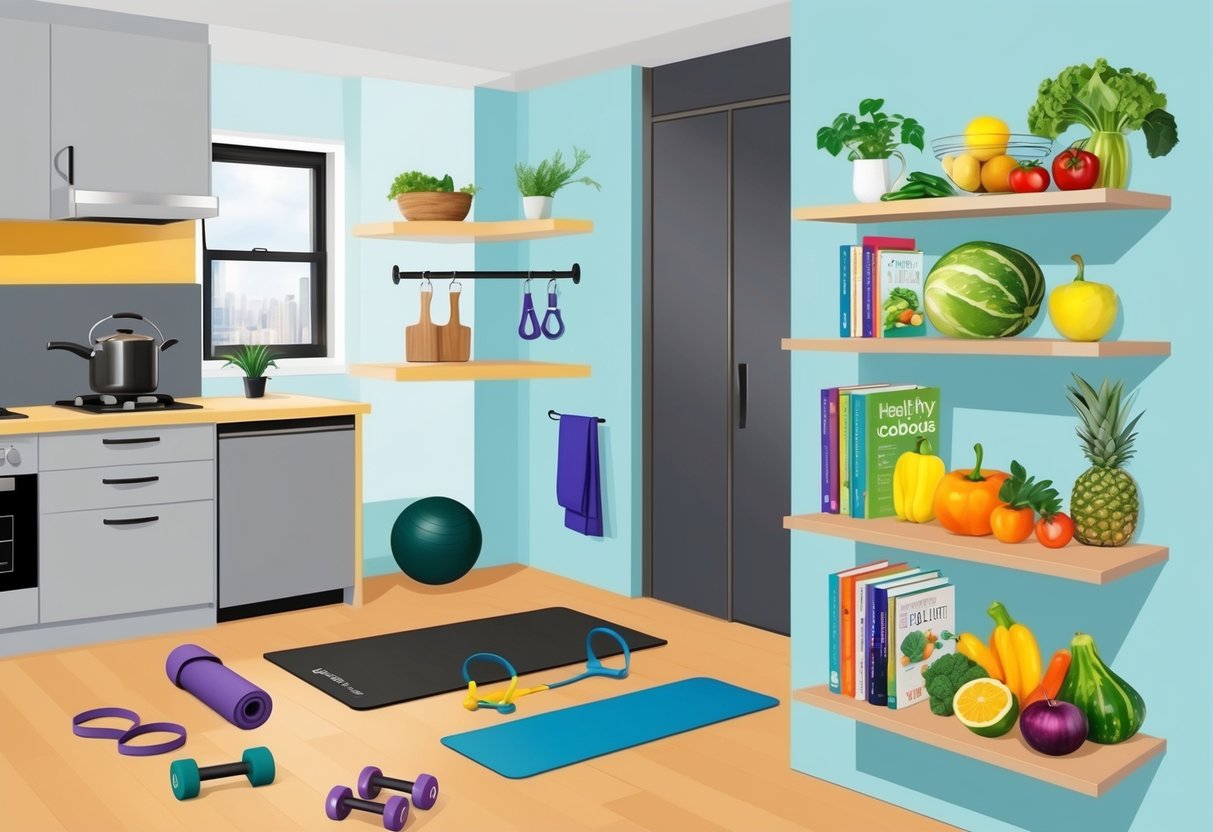 A compact apartment with a yoga mat, resistance bands, and small weights set up for a workout. A shelf with healthy cookbooks and a variety of fresh fruits and vegetables in the kitchen