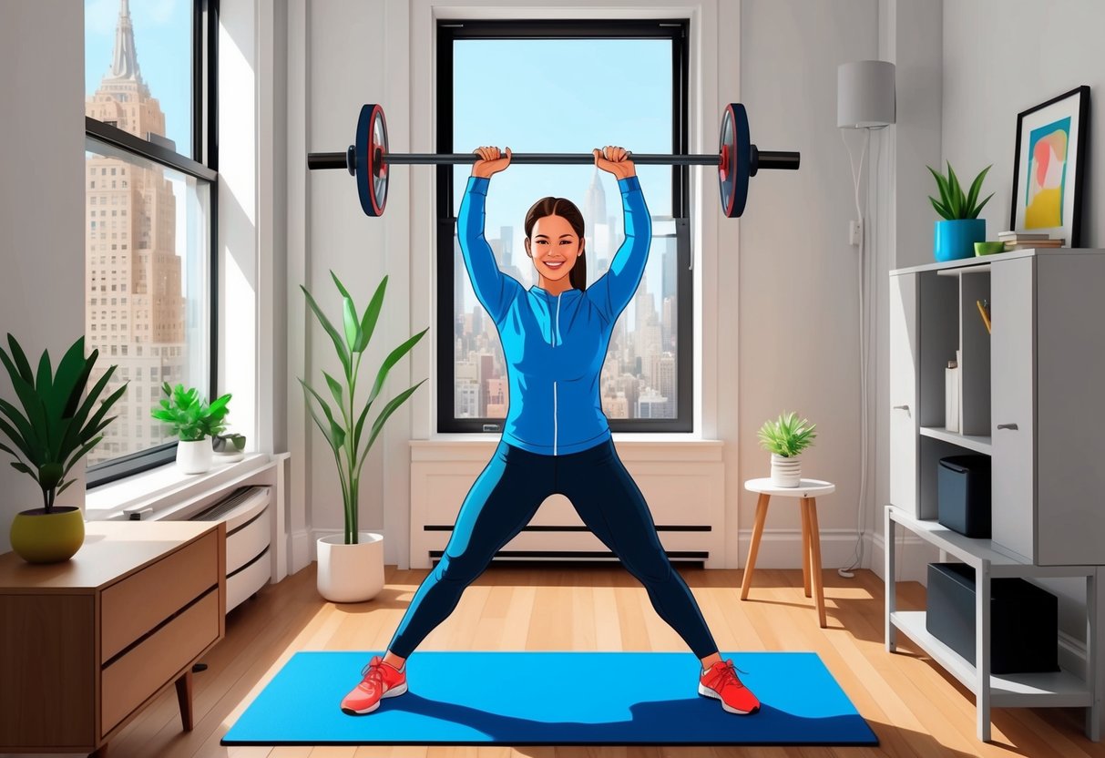 A person exercising in a small New York City apartment, using creative workout solutions to overcome space limitations