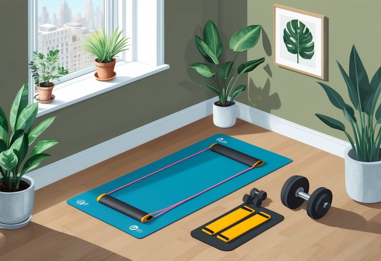 A cozy New York City apartment with a yoga mat, resistance bands, and a small set of weights tucked into a corner, surrounded by plants and natural light