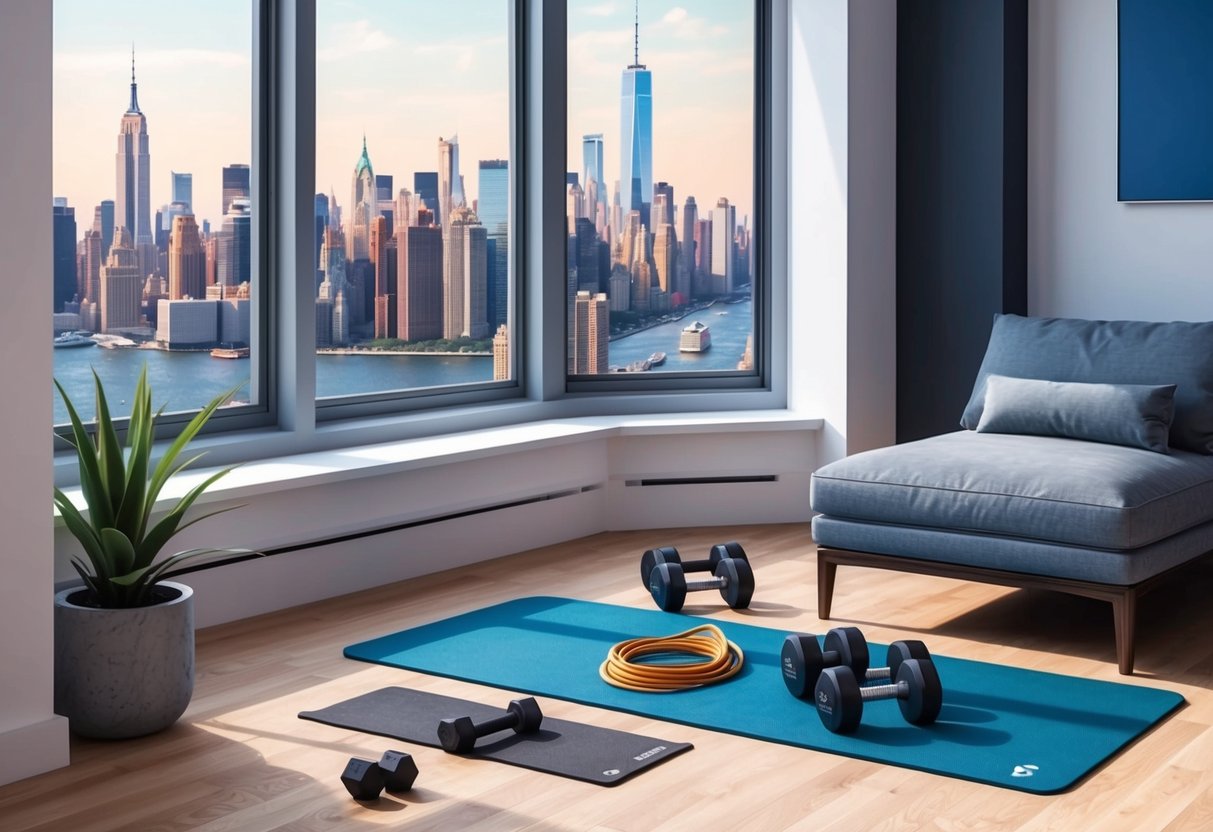 A compact living room with a yoga mat, resistance bands, and dumbbells neatly arranged next to a window overlooking the New York City skyline