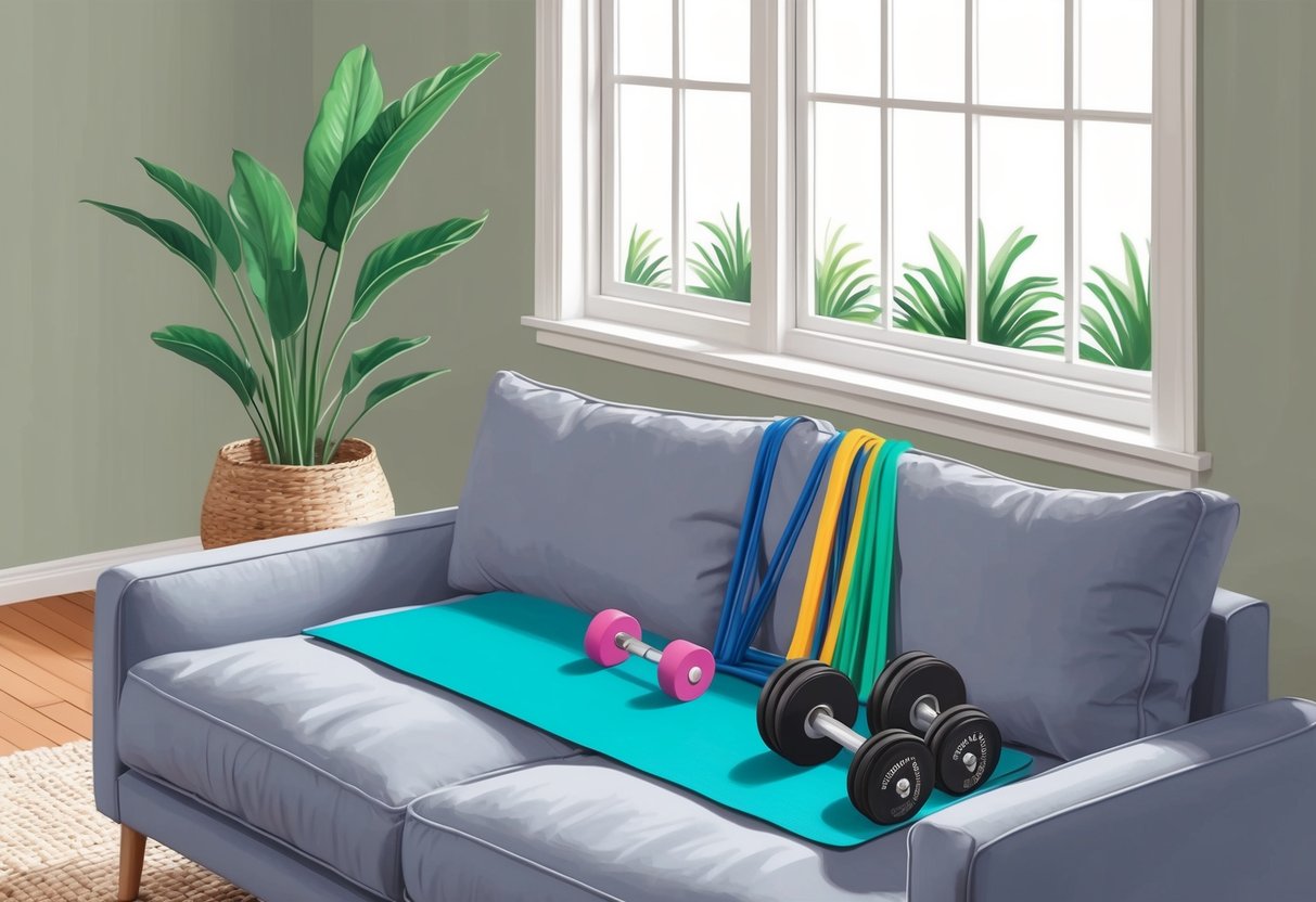 A cozy living room with a yoga mat, resistance bands, and dumbbells. A large window lets in natural light, and a potted plant adds a touch of greenery to the space