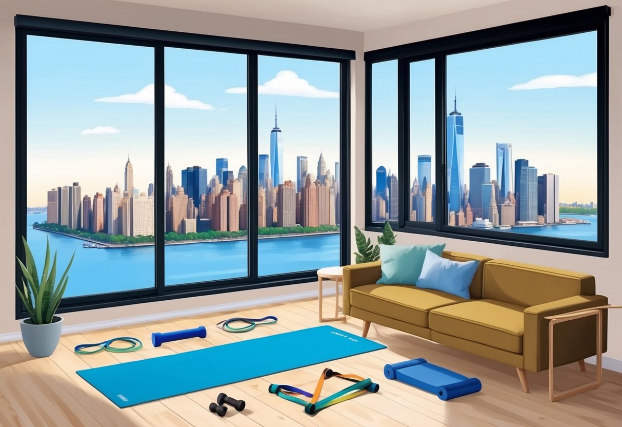 A compact living room with a yoga mat, resistance bands, and small weights. A large window overlooks the New York City skyline