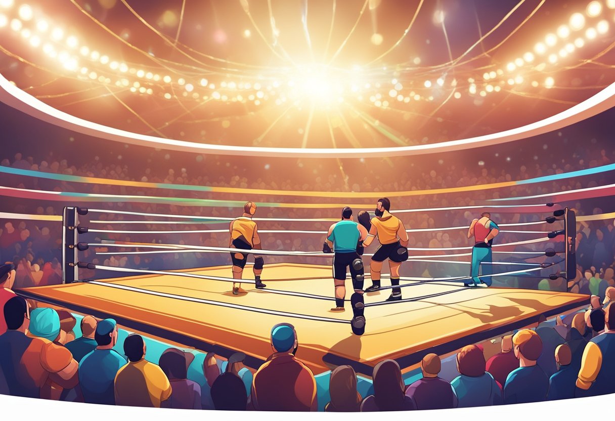 Un ring de lucha libre con cuerdas coloridas y una multitud de espectadores animando