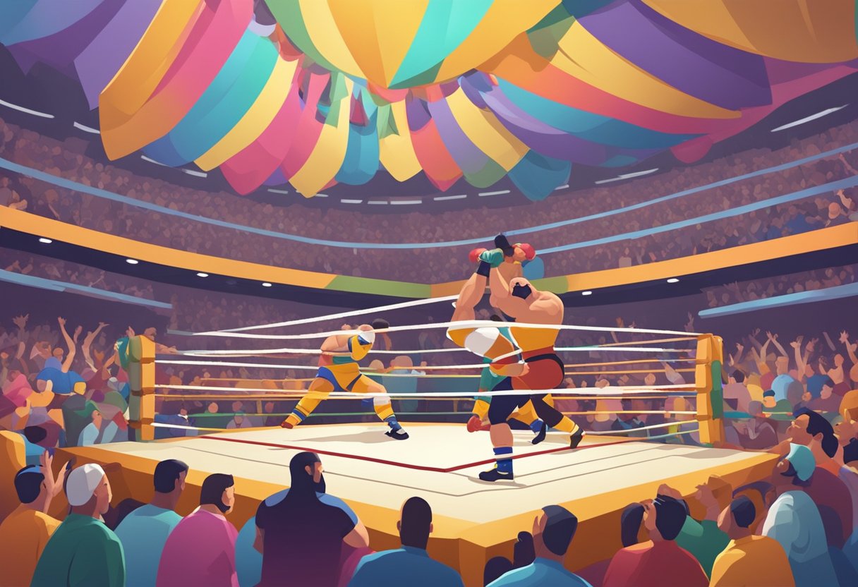 Un ring de lucha libre rodeado de una multitud, con luchadores en coloridas máscaras y disfraces realizando acrobacias aéreas y un intenso agarre.