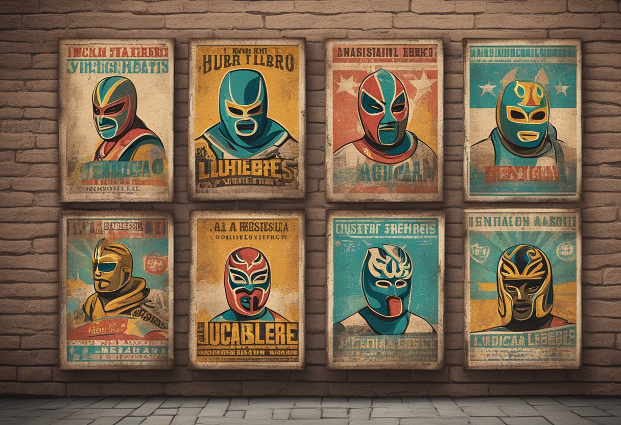 Pósters de lucha libre vintage en una pared de ladrillo desgastada. Colores desvanecidos, poses dramáticas y tipografía audaz capturan el espíritu de la lucha libre mexicana.