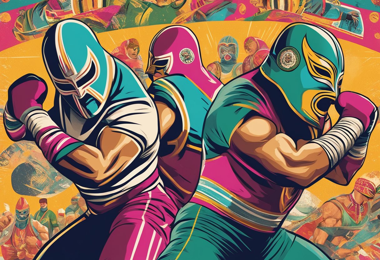 Un colorido collage de carteles vintage de lucha libre mexicana, que presenta tipografía audaz e ilustraciones dinámicas de luchadores enmascarados en acción.