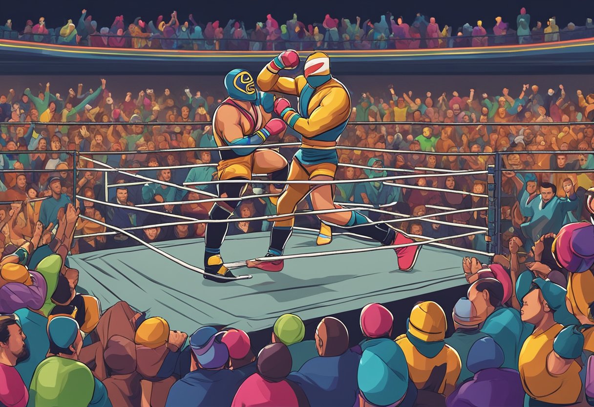 Dos luchadores con máscaras coloridas se enfrentan en un ring de lucha libre, rodeados de aficionados animados y cámaras parpadeantes.