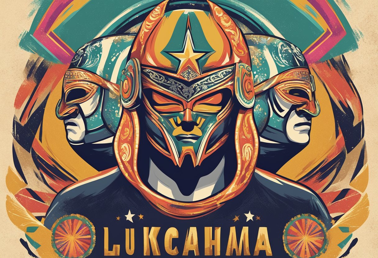 Un cartel de lucha libre vintage con ilustraciones audaces y coloridas de luchadores enmascarados en acción, rodeados de elementos de diseño y tipografía dramáticos y llamativos.